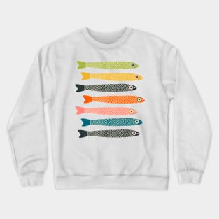 ANCHOVIES Bright Graphic Fun Groovy Fish in Vintage Orange Yellow Pink Blue Green Beige on Cream - Horizontal Layout - UnBlink Studio by Jackie Tahara Crewneck Sweatshirt